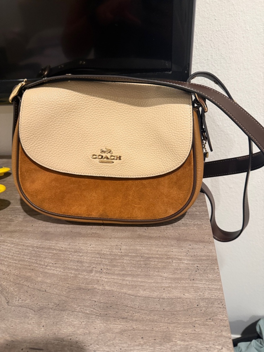 COACH Two-Tone Cream and Brown Suede & Leather Crossbody